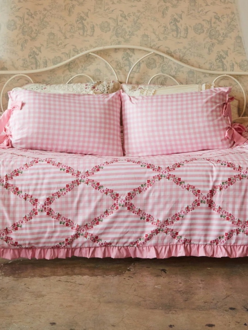 Pink Gingham Floral Quilt Full Duvet Cover Set - Classic Cottage Bedding